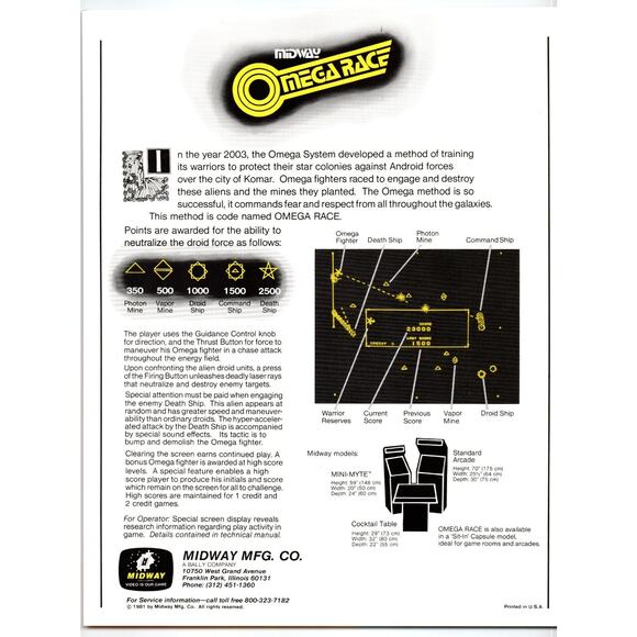OMEGA RACE Arcade Video Game Flyer Original 1981 Retro Art 8.5" x 11" Two Sides - Picture 2 of 2